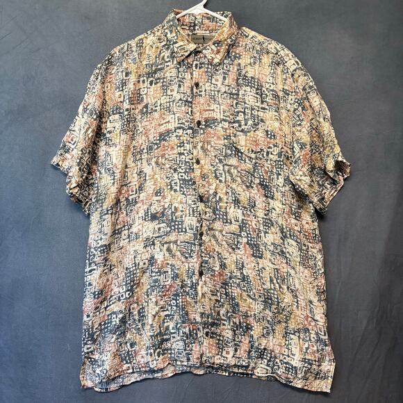 Robert Stock Vintage 100% Silk Shirt Abstract Geometric Pattern Boho Button Boho - Picture 1 of 9